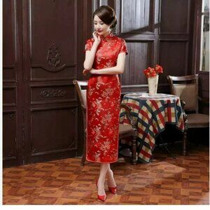 NWOT Luxurious Red Satin Dragon Phoenix Chinese Long Dress Qi Pao  M